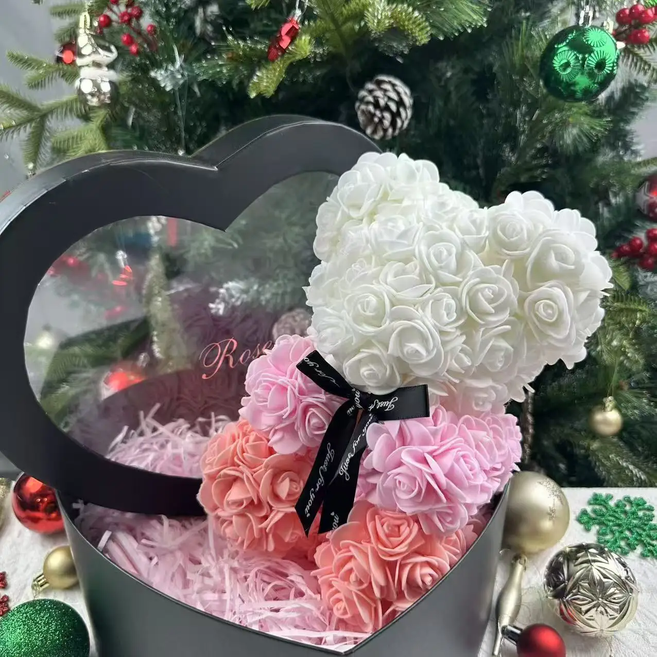 25cm Artificial Teddy Rose Flower Bear with Box Romantic Valentines Day Gift Girlfriend Women Anniversary Wedding Party Supplies