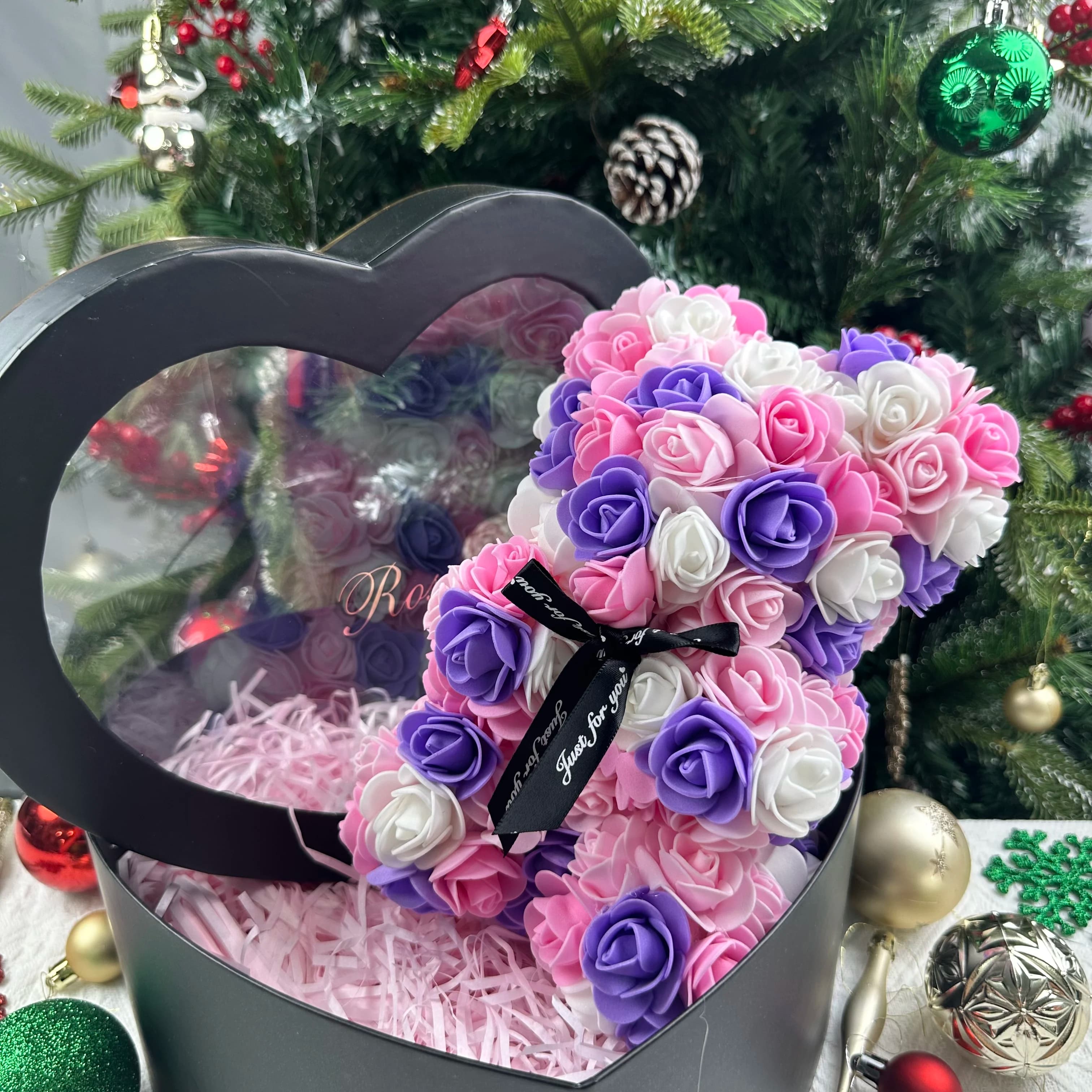 25cm Artificial Teddy Rose Flower Bear with Box Romantic Valentines Day Gift Girlfriend Women Anniversary Wedding Party Supplies